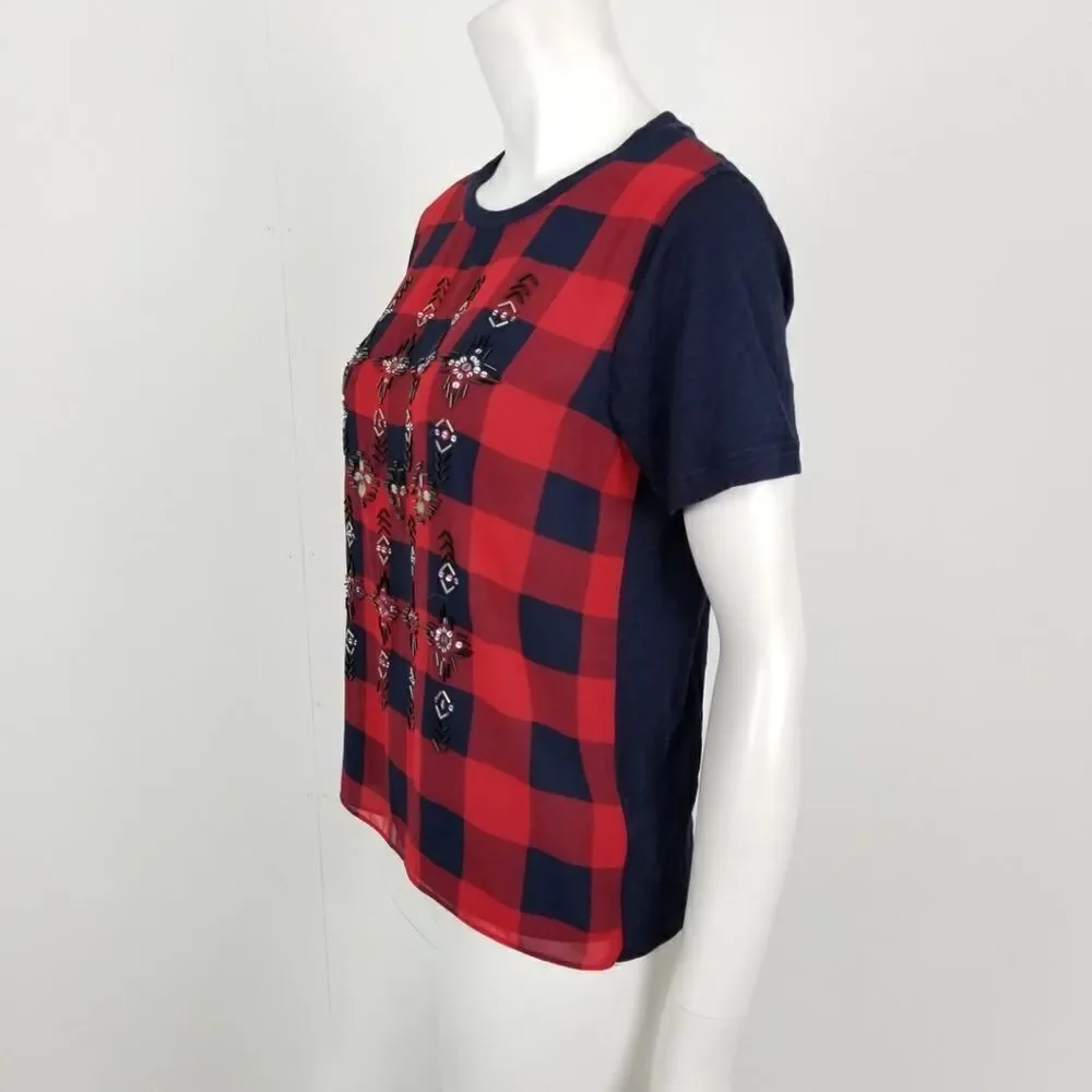 J. Crew Embellished Tartan Plaid T Shirt Small